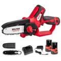 Produktbild: WALTER Kompakte Einhand Kettensäge, 2x 12V Li-Ion Akku | Ladegerät und Zubehör, Leichte Mini, Entaster für Gartenarbeit, Schwertlänge 158 mm, leistungsstarker Motor