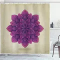 Produktbild: ABAKUHAUS Blatt Duschvorhang, Lila Retro-Motiv, Stoffliches Gewebe Badezimmerdekorationsset mit Haken, 175 x 200 cm, Eierschalenfarben Fuchsienfarben