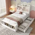 Produktbild: Kinderbett Einzelbett Stauraumbett mit Schubladen, Regal und Sitzbank mit Stauraum, Holzbett 90x190 cm, Bettgestell und Lattenrost aus Holz