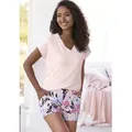 Produktbild: Shorty LASCANA, Damen, Gr. 32/34, rosa (rosa, geblümt), Single Jersey, Obermaterial: 50% Baumwolle, 45% Viskose, 5% Elasthan, geblümt, bequem lang, V-Ausschnitt, angeschnitten abgesteppte Kante, Homewear-Sets Shorty, mit schönem Blumendruck