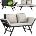 Produktbild: Polyrattan Gartenbank Liegefunktion Auflage Kissen Verstellbare Armlehnen Wetterfest Draußen Garten Terrasse Balkon Sofa Couch Liege Schwarz Creme - Casaria