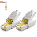 Produktbild: deleyCON 2x CAT 8 Netzwerkstecker 90° Winkel Stecker RJ45 Werkzeuglos Geschirmt 40 Gbit/s Netzwerk Stecker für Starre Verlegekabel Rohkabel Steckverbinder RJ45 Ethernet LAN DSL Patchkabel