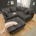 Produktbild: riess-ambiente Moderne Wohnlandschaft KENT 220cm grau Samt Ecksofa Federkern inkl. Hocker und Kissen Sofa Couch - Grau