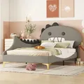 Produktbild: Flieks Polsterbett 90x200cm mit Lattenrost, Kinderbett mit Rausfallschutz, Einzelbett mit Dinosaurierförmigem Kopfteil, Holzbett PU, Grau - Grau