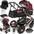 Produktbild: Kiduku Kinderwagen Komplettset, Kombikinderwagen Set inkl. Babywanne Buggy Auto-Babyschale Fußsack, Voll-Gummireifen Wickeltasche Regenschutz Kind... - bordeaux