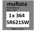 Produktbild: 1x Murata/Sony 364 Uhren-Batterie Knopfzelle SR621SW SR621 AG1  Silberoxid