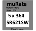 Produktbild: 5x Murata/Sony 364 Uhren-Batterie Knopfzelle SR621SW SR621 AG1  Silberoxid