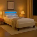 Produktbild: Polsterbett LASHIO mit LED Beleuchtung im Kopfteil 120x200 cm, Cremeweiß – modernes Bett mit Samt Stoffbezug, Jugendzimmer - Weiß