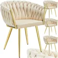 Produktbild: tectake® Samt Stuhl, Schalenstuhl mit Armlehne in Knoten Optik, Esszimmerstühle, Sessel modern für Wohnzimmer, Esszimmer, als Küchenstühle, für Schminktisch, Dining Chair Set - Sand/Gold, 4er Set