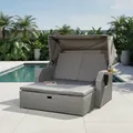 Produktbild: Mucola Strandkorb inkl. Sonnenschutz Polyrattan Sonnenbett inkl. verstellerbarer Rückenlehne und klappbaren Seitentischen Outdoor Lounge wetterfest