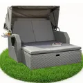 Produktbild: Gartenliege Polyrattan Bett Grau inkl. Sonnendach Rattan Sofa Loungeliege NEU