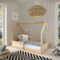 Produktbild: Masseno Kinderbett FLORA 80x160 cm mit Rausfallschutz, Einzelbett für Mädchen und Jungs, Hausbett für Kinder, Kiefernholz