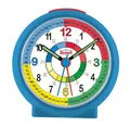 Produktbild: Scout Wecker analog mit blauem Gehäuse und buntem Lernziffernblatt für Kinder