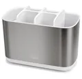 Produktbild: Joseph Joseph Zahnbürstenhalter EasyStore, 14 x 10 x 18 cm, aus Edelstahl, Zahnbürstenständer, Zahnbürsten-Ständer, Badaccessoires, für Zahnbürste, Zahnpastatube und Zahnseide, Silber / Weiß