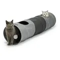 Produktbild: lionto Spieltunnel für Katzen, hochwertiger Faux-Linen Katzentunnel mit Spielball, erweiterbar & platzsparend, 30x130 cm, grau