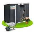 Produktbild: Juskys Gerätehaus Metall 4 m² – Geräteschuppen mit Pultdach, Schiebetür & Fundamentrahmen, kleines Gartenhaus als Gartenschrank 213x130x173 cm – Anthrazit