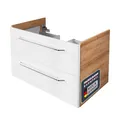 Produktbild: FACKELMANN Milano Waschbeckenunterschrank mit Schubladen – Unterschrank für Waschtisch im Bad (80 cm x 49,5 cm x 48 cm) – Badschrank hängend in Weiß mit Holz braun