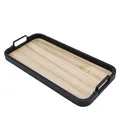 Produktbild: Metall Deko Tablett in schwarz mit Griffen - 40 cm x 20 cm - Kerzentablett rechteckig mit Boden in Holz Optik - Tischdeko Platte Kerzen Brett Weihnachten