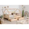 Produktbild: TiCAA Kinderbett Hausbett Montessori Kay 90x200, 100x200 cm, 120x200 cm, 140x200 für Jungen & Mädchen mit Schubladen, Rausfallschutz & Rolllattenrost - aus Kiefer Massivholz für Kinderzimmer