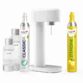 Produktbild: Sparpaket: Mysoda Ruby - Wassersprudler aus Aluminium mit 1L und 0,5L BPA-freier Plastikflasche, CO2-Zylinder Classic + CO2-Zylinder Zitrone (Weiß)