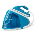 Produktbild: Amazon Basics Dampfbügelstation mit 6-Bar-Pumpe, 240g/min Dampfstoß, 120g/min Dampfleistung, 1,8-Liter-Tank, Eco-Modus, Selbstreinigungsfunktion, 2400W, Weiß/Blau