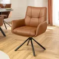 Produktbild: riess-ambiente Drehbarer Design Stuhl SIGNATURE cognac Echtleder 360° mit Federkern schwarz Metall Drehstuhl Esszimmerstuhl - Braun