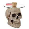 Produktbild: Mendler Beistelltisch Totenkopf HWC-A19, Glastisch Wohnzimmertisch Couchtisch Totenschädel, Polyresin rund Ø55cm Natur