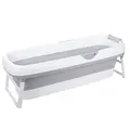 Produktbild: HelloBath® Faltbare Badewanne XXL 156x60x48 cm für Erwachsene | Tragbare Badewanne mit Kopfstütze & verlängerbarem Ablaufschlauch (3 m) | Mobile für Dusche & Outdoor – Hellgrau