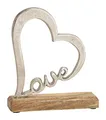 Produktbild: Spetebo Metall Herz in Silber mit Schriftzug Love auf Mango Holzfuß - 20x18x5 cm - Tisch Deko Herz Skulptur