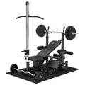 Produktbild: GORILLA SPORTS® Kraftstation - Hantelbank mit verstellbare Hantelablage, Latzugturm, Butterfly, Curlpult, Beincurler und 100 kg Hantelset - Trainingsbank, Fitnessstation, Trainingsstation