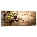 Produktbild: DEQORI Küchenrückwand Glas | Motiv Dekorativer Olivenzweig | 125x50 cm | Bad- oder Herd-Rückwand | Herdblende Spritzschutz für Küche & Badezimmer | moderne Deko für Fliesenspiegel