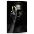 Produktbild: WallArena - Leinwand Bilder - Frau Schwarz Gold Goldene Lippen - 60x40 cm Leinwandbilder - Bild auf leinwand - Wandbild XXL groß Wandbilder für Wohnzimmer Schlafzimmer Wohnzimmerbilder Modern