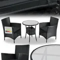 Produktbild: Juskys Polyrattan Balkon Set Bayamo 2 Personen - Tisch mit Glasplatte & 2 Stühlen - Wetterfeste Balkonmöbel - Auflagen waschbar - schwarz - grau