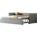 Produktbild: OKWISH Polsterbett 90x200 Samt mit Lattenrost – Multifunktionales Schlafsofa in Grau, umwandelbar, modernes Design mit eleganten Knöpfen