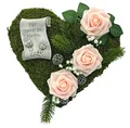 Produktbild: Grabgesteck Grabschmuck Grabaufleger Moosherz Grabherz Trauerherz Grab Herz Gesteck Rosen mit Schriftrolle Für Immer im Herzen (Rosen Rosa)