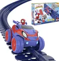 Produktbild: Smoby Toys - Spidey FleXtreme Rennbahn-Set (blau-rot) - flexible Kinder-Rennbahn inkl. 184 Schienenteile (4,40 Meter), Spidey Rennauto & Spinnennetz