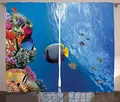 Produktbild: ABAKUHAUS Ocean Life Rustikaler Gardine, Unterwasser Fisch Meer, Schlafzimmer Kräuselband Vorhang mit Schlaufen und Haken, 280 x 175 cm, Blau