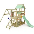 Produktbild: Spielhaus Spielturm TurboFlyer mit Schaukel & Rutsche, Kletterturm mit Sandkasten, Leiter & Spiel-Zubehör – Pastellgrün - Wickey