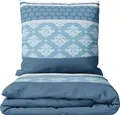 Produktbild: Biber Bettwäsche Set 155x220 cm Blau Weiß Gestreift Ornamente mit Reißverschluss Winter
