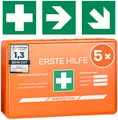 Produktbild: 5x Erste Hilfe Kasten DIN 13157:2021 Small - Inkl. praktischer Wandhalterung, 5x Aufkleber, Gesichtsmasken & Feuchttücher - Verbandskasten DIN 13157 für Betriebe, Einrichtungen & Zuhause