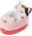 Produktbild: NICI Kuscheltier Sleeping Kitties Katze 12cm, Creme, im rot-rosanen Körbchen