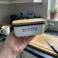 Produktbild: Butterdose Edelstahl 250g mit Holzdeckel, Butterglocke, Butter Dish, Kühlschrank