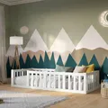 Produktbild: Crazy Pine Kinderbett 140x200 cm – Weiß mit Glatter Oberfläche - Montessori Bodenbett mit Rausfallschutz 40cm - Crazy Johnny