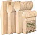 Produktbild: MATANA 200er Holzbesteck Set - 50 Messer, 50 Gabeln, 50 Löffel, 50 Teelöffel - Umweltfreundlich, Biologisch Abbaubar, Kompostierbar & Plastikfrei - Einwegbesteck für Party, Picknick, Events, Grillen