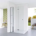 Produktbild: Walk-in Duschwand Glas 115 cm breit Duschtür an Festteil mit Eckablage Duschabtrennung faltbar Falttür Begehbare Dusche Duschtrennwand aus Sicherheitsglas (ESG) 5 mm | Öffnungsseite OHNE Wandprofil