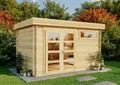 Produktbild: Gartenhaus Leandro-28 mit Fußboden aus Holz, Gerätehaus 394x268, 8,64 m², 28 mm Wandstärke, Holzhaus in Blockbohlen-Bauweise inkl. Fenster und Leimholztür