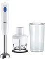 Produktbild: Braun Stabmixer MQ10.201M | 450 Watt | Edelstahlfuß | Zerkleinerer-Aufsatz | Mixbecher 600ml skaliert | weiß/blau