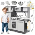 Produktbild: XXL Kinderküche aus Holz mit Backofen, Kühlschrank und LED-Licht, Grau - Grau