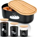 Produktbild: EliteHoff Brotkasten mit Schneidebrett + Vorratsdosen 3er Set (Kaffeedose Teedose Zuckerdose) oder Brotbox mit Butterdose | Brotkorb Metall Schwarz mit Bambusdeckel - 35x19x14cm (4er Set)