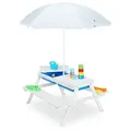 Produktbild: Kindersitzgruppe Für Draußen, Garten Picknickbank Mit Schirm, Holz, Sand- & Wasserspieltisch Für Kinder, Weiß - Relaxdays
